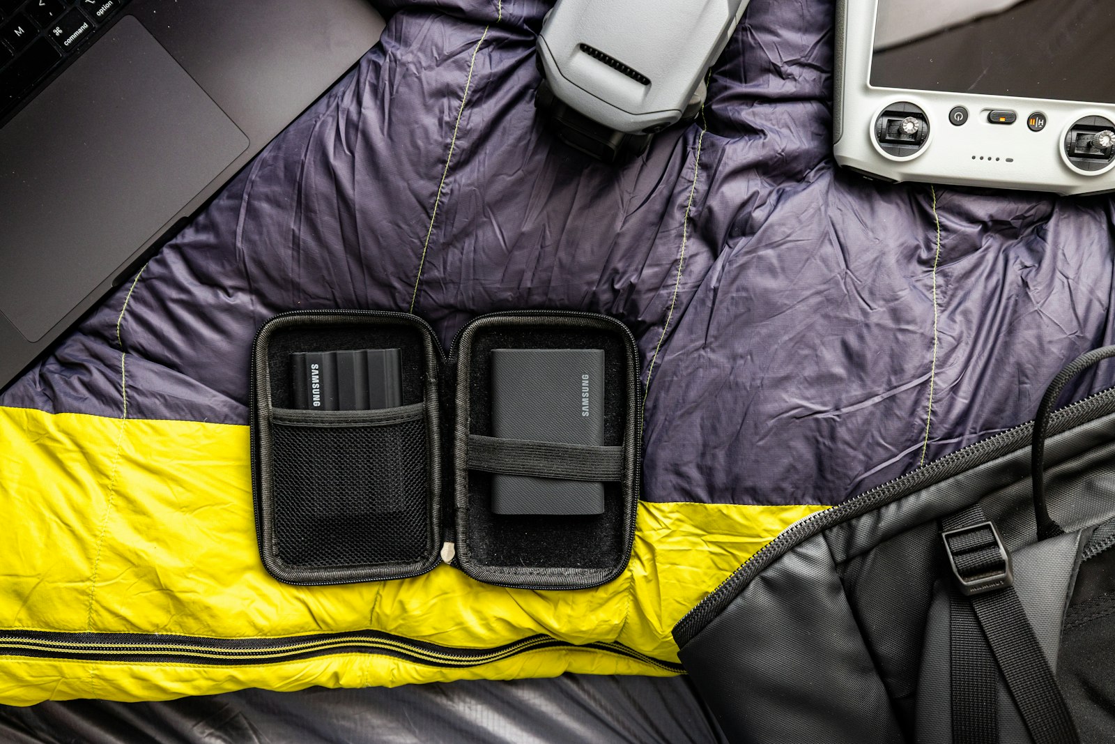Camping gear including a power bank laid out