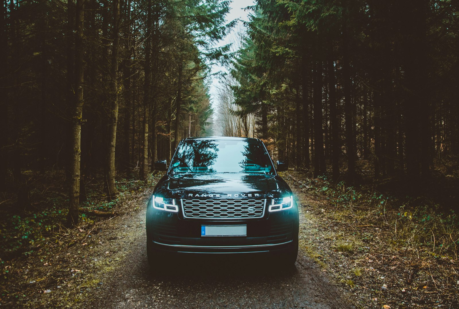 A green SUV driving on a dirt road between trees